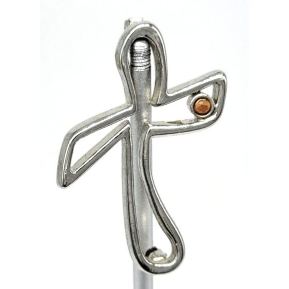 Camco Cross Brooch Pin Modernist Silver Tone Amber Accent Vintage - Picture 5 of 17